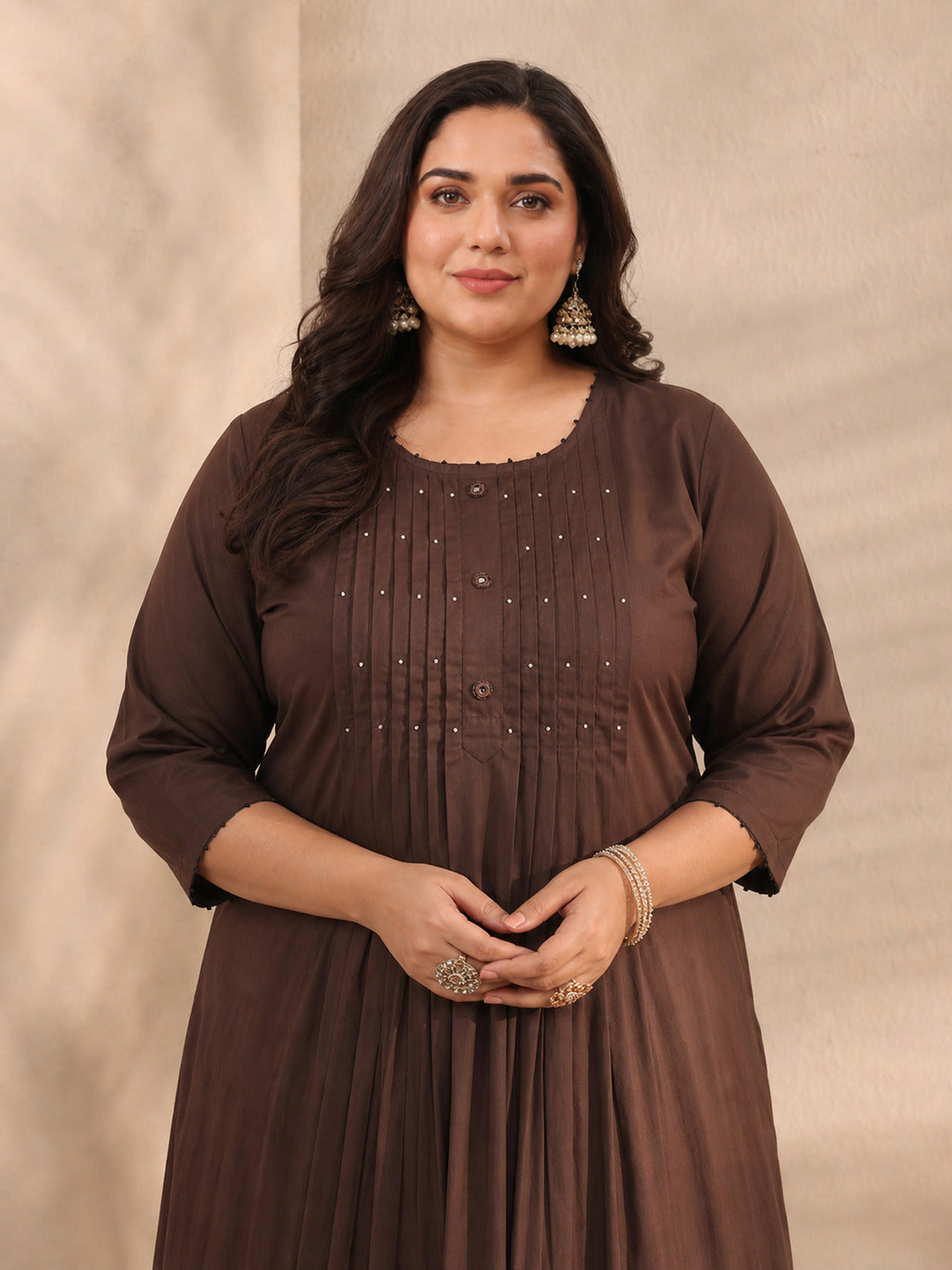 Plus Size Brown Embroidered Cotton A-Line Suit Set With Dupatta