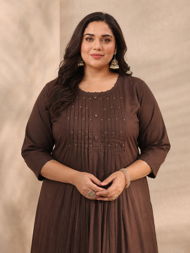 Plus Size Brown Embroidered Cotton A-Line Suit Set With Dupatta