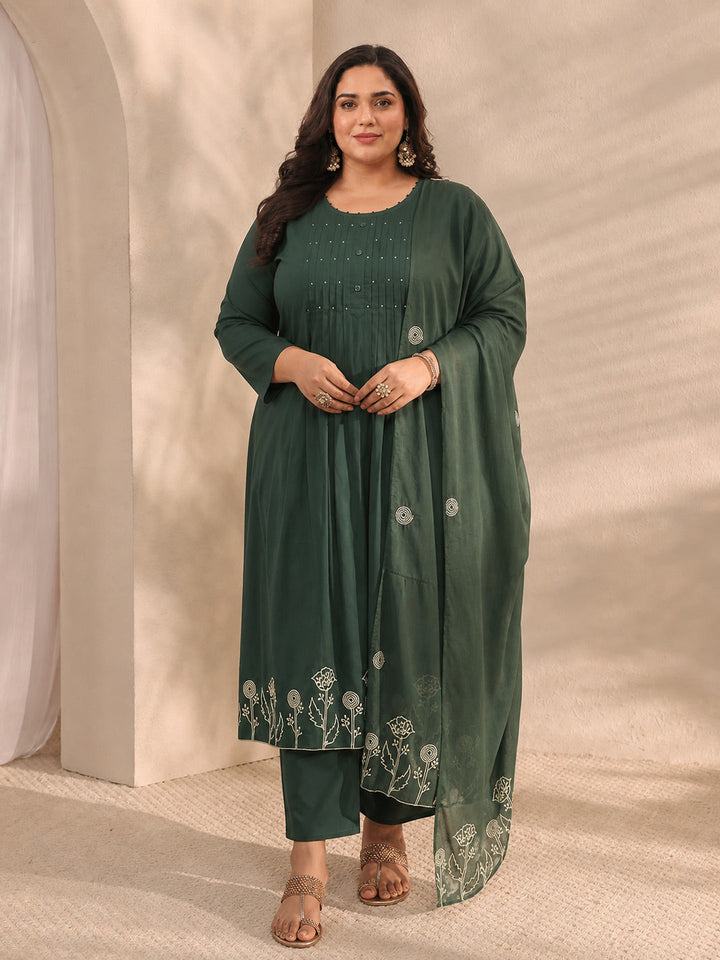 Plus Size Green Solid Embroidered Cotton A-Line Suit Set With Dupatta