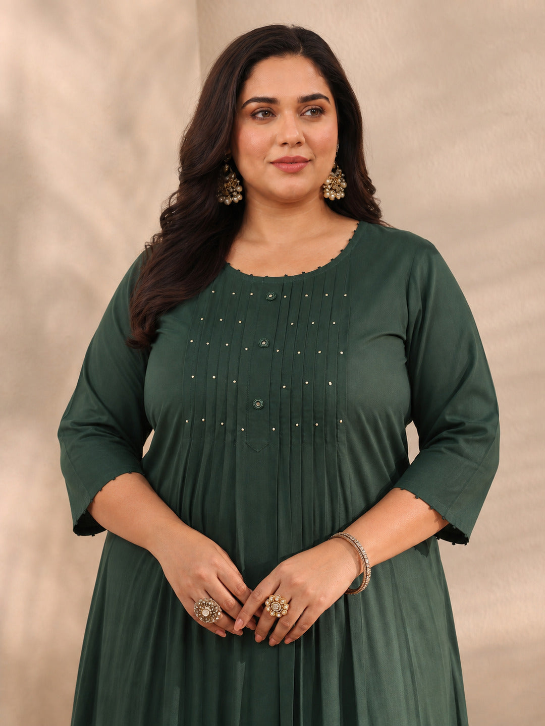 Plus Size Green Solid Embroidered Cotton A-Line Suit Set With Dupatta