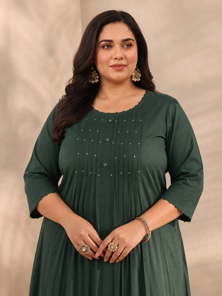 Plus Size Green Solid Embroidered Cotton A-Line Suit Set With Dupatta