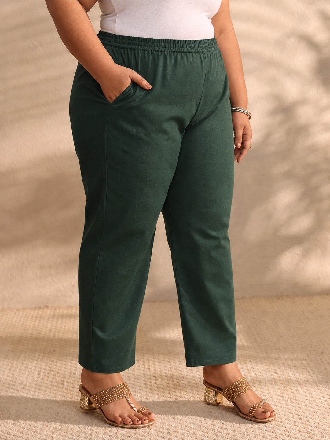 Plus Size Green Solid Embroidered Cotton A-Line Suit Set With Dupatta