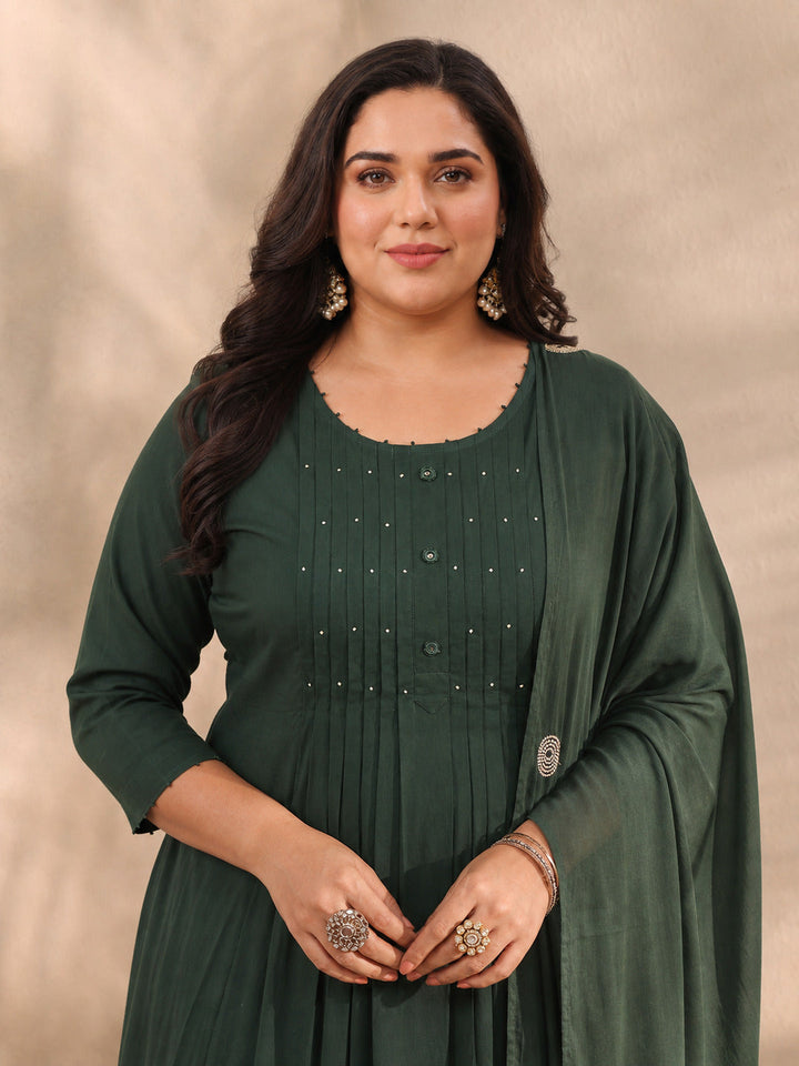 Plus Size Green Solid Embroidered Cotton A-Line Suit Set With Dupatta