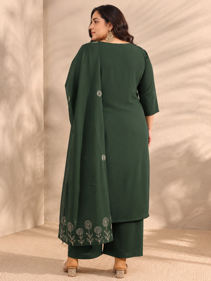 Plus Size Green Solid Embroidered Cotton A-Line Suit Set With Dupatta