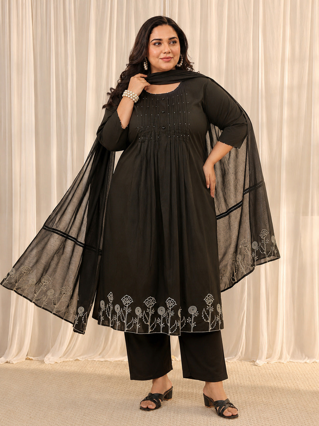 Plus Size Black Solid Cotton A-Line Suit Set With Dupatta