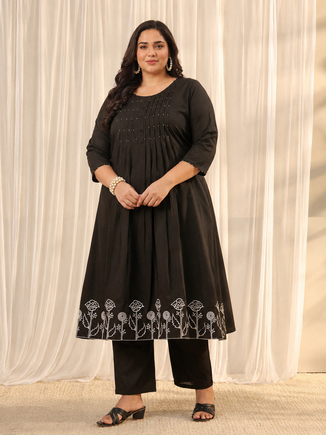 Plus Size Black Solid Cotton A-Line Suit Set With Dupatta