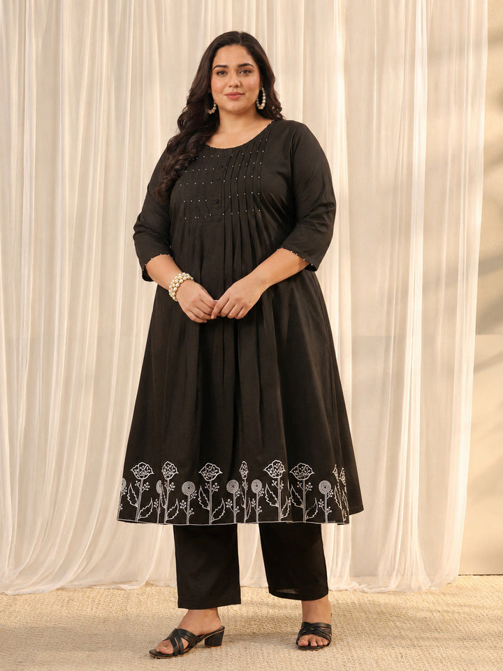 Plus Size Black Solid Cotton A-Line Suit Set With Dupatta