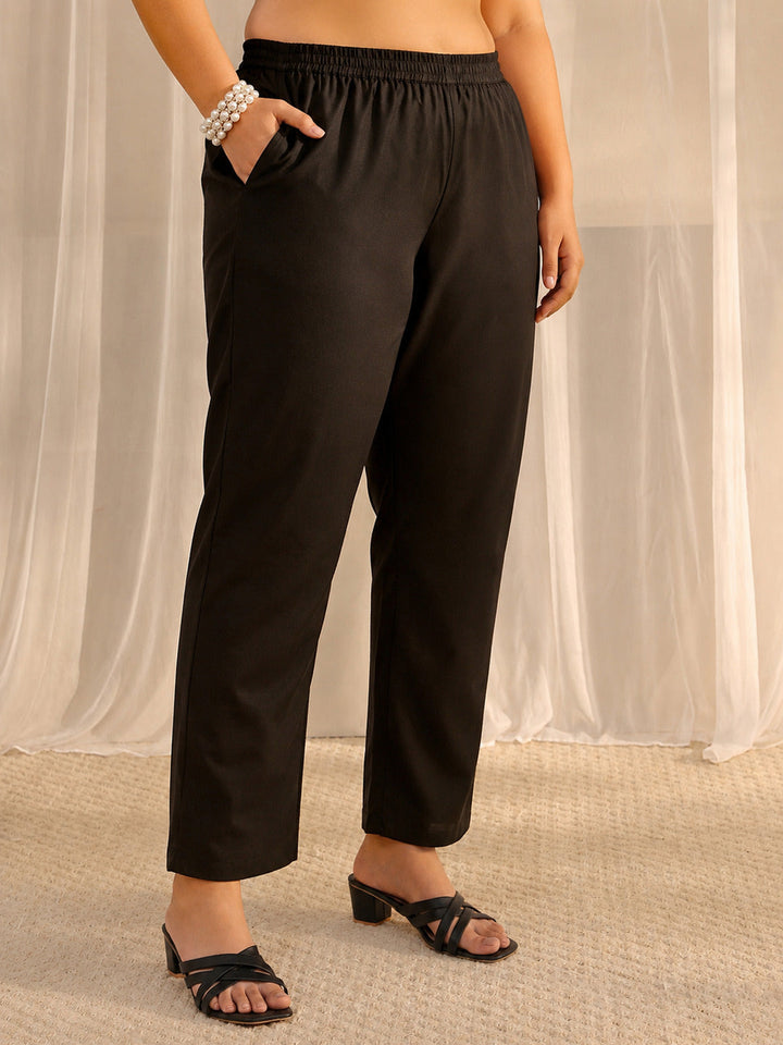 Plus Size Black Solid Cotton A-Line Suit Set With Dupatta