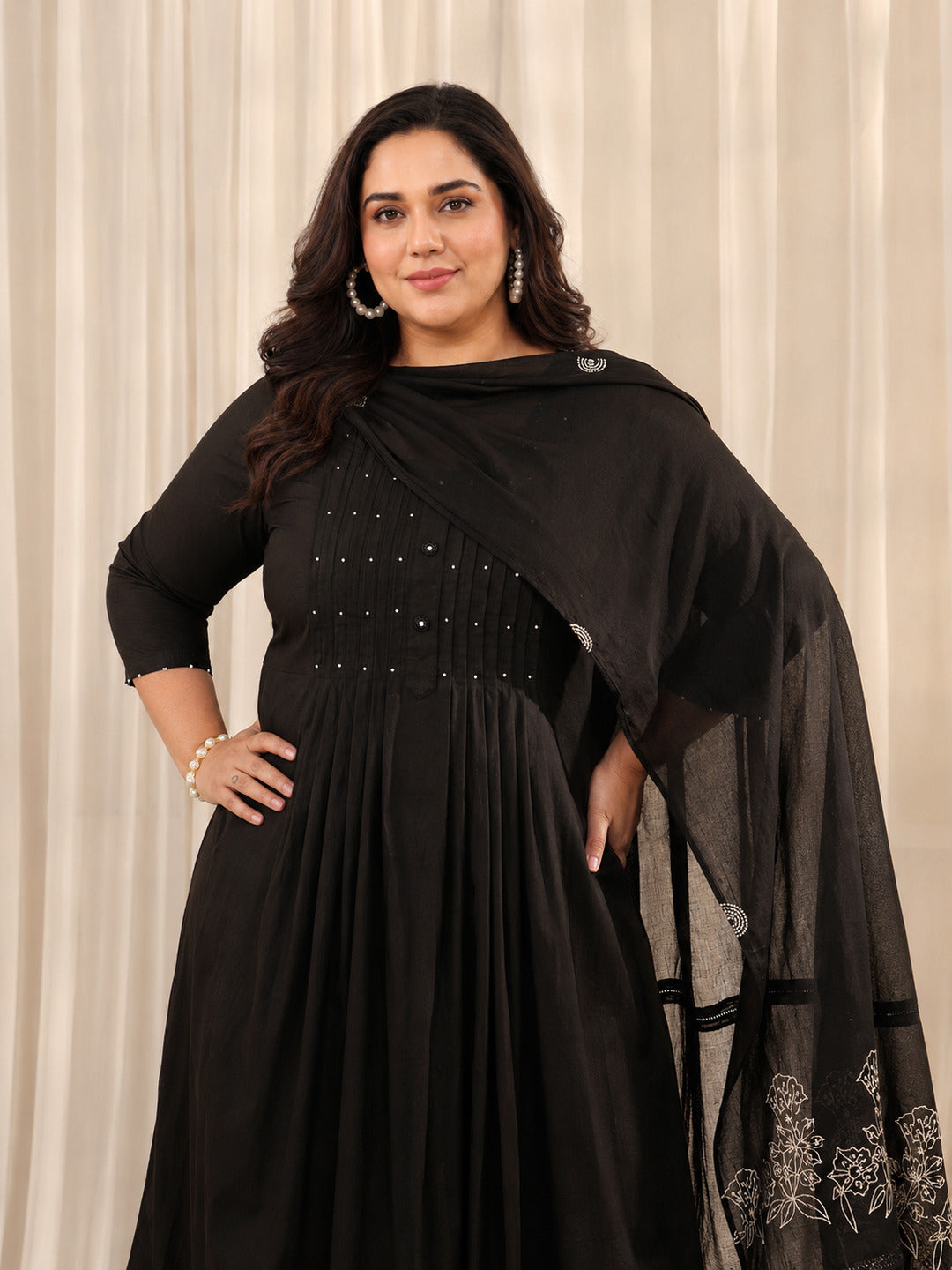 Plus Size Black Solid Cotton A-Line Suit Set With Dupatta