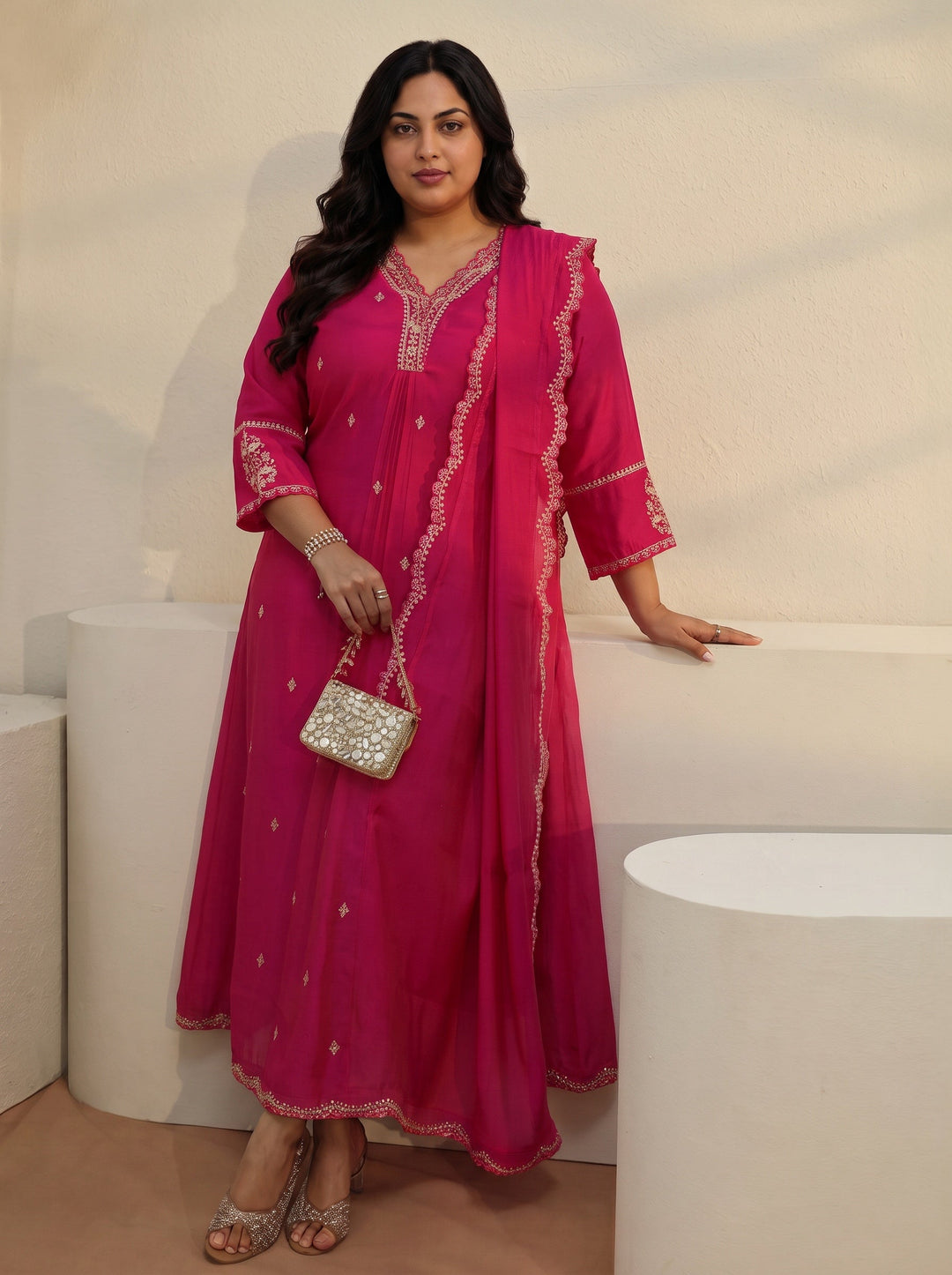 Plus Size Rani Pink Embroidered Chanderi Cotton A-Line Suit Set