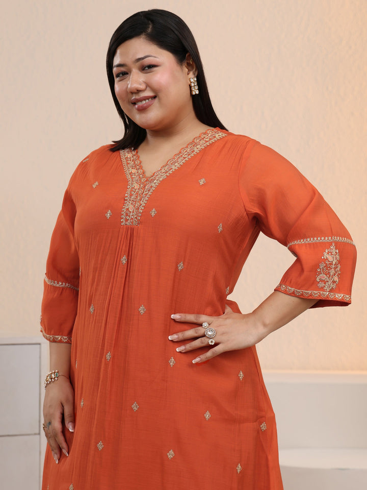 Plus Size Orange Embroidered Chanderi Cotton A-Line Suit Set