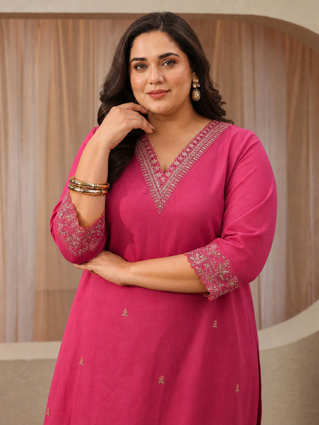 Plus Size Fuchsia Pink Embroidered Chanderi Cotton Sharara Suit Set