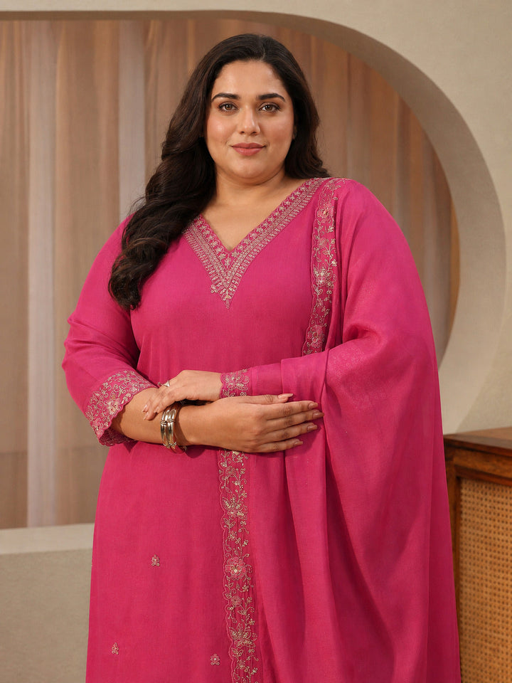 Plus Size Fuchsia Pink Embroidered Chanderi Cotton Sharara Suit Set