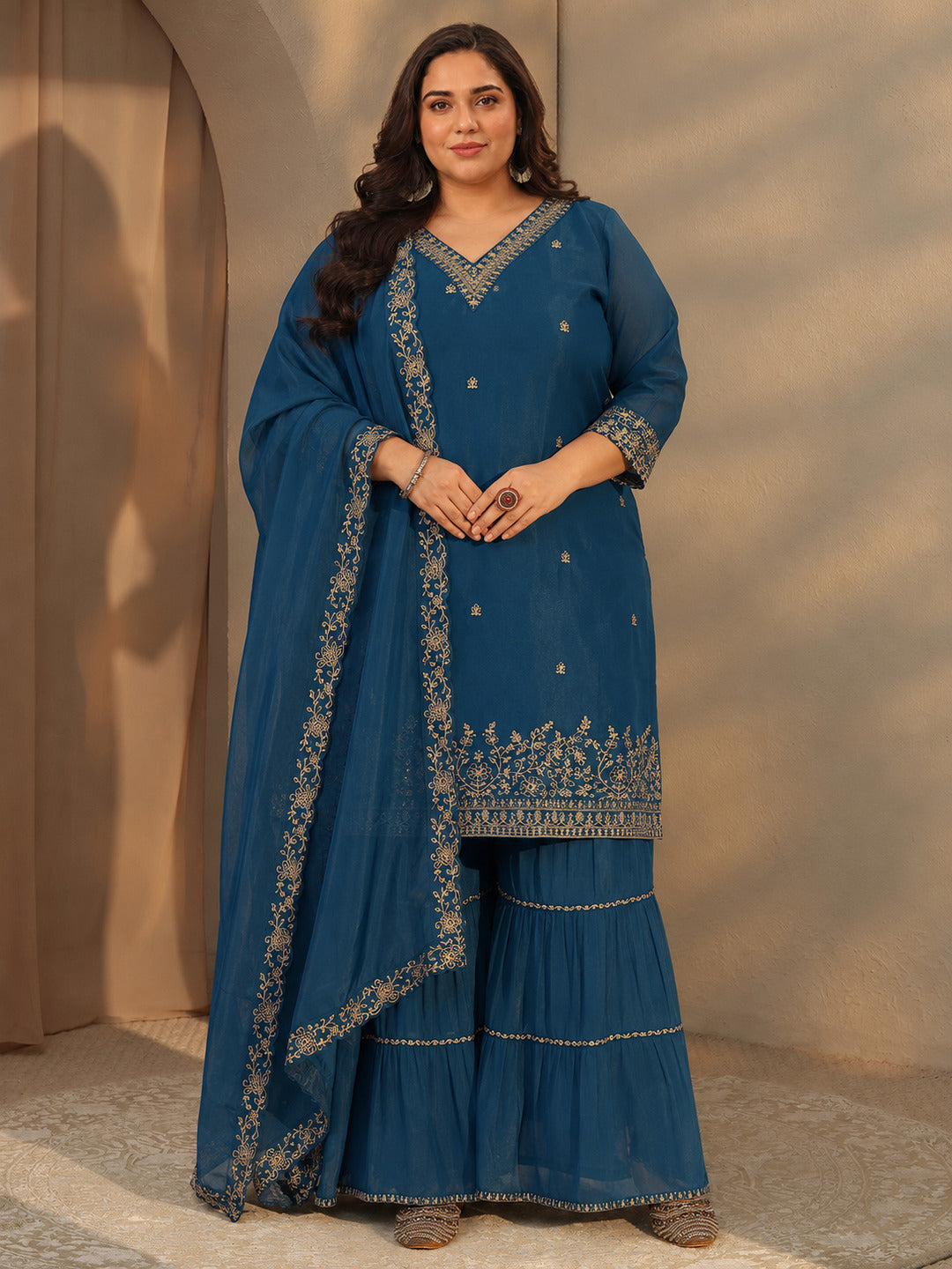 Plus Size Persian Blue Embellished Chanderi Cotton Sharara Suit Set