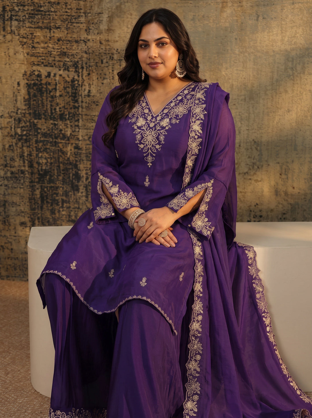 Plus Size Aubergine Purple Floral Embroidered Chanderi Cotton Palazzo Suit Set