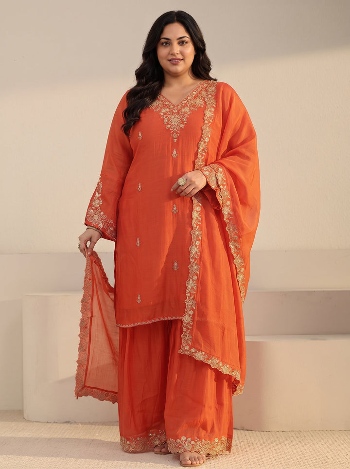 Plus Size Orange Floral Embroidered Chanderi Cotton Sharara Suit Set