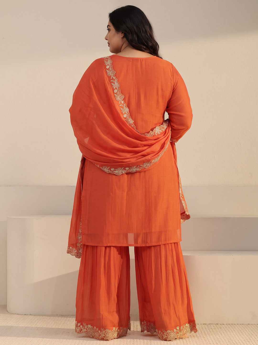 Plus Size Orange Floral Embroidered Chanderi Cotton Sharara Suit Set