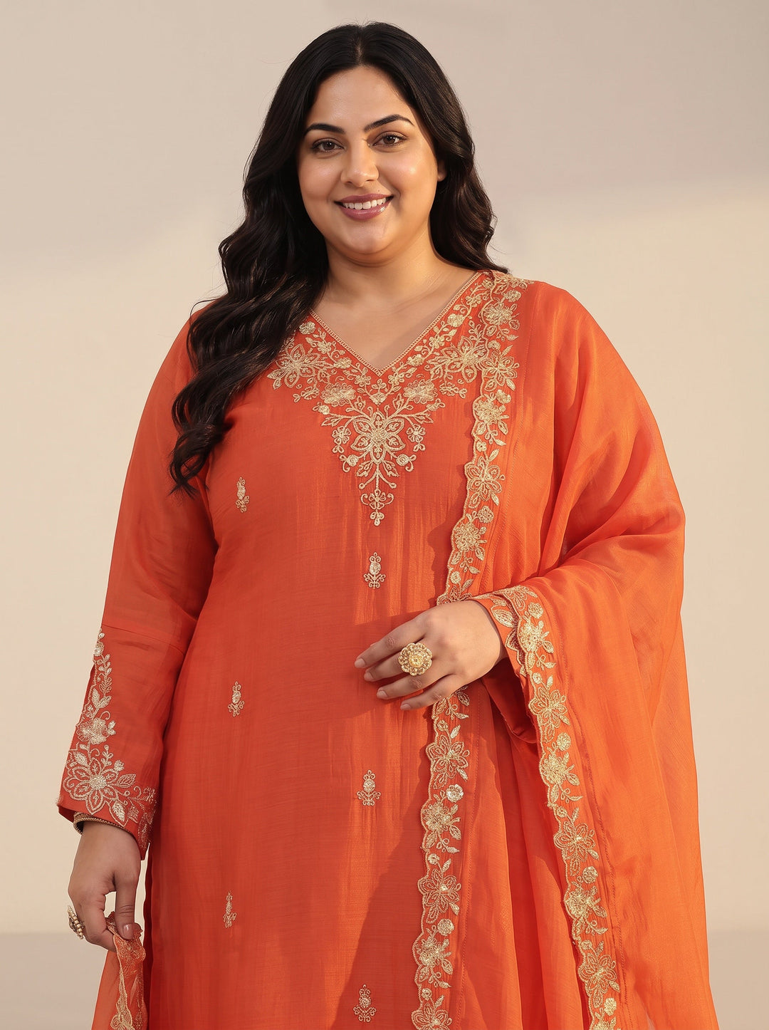 Plus Size Orange Floral Embroidered Chanderi Cotton Sharara Suit Set