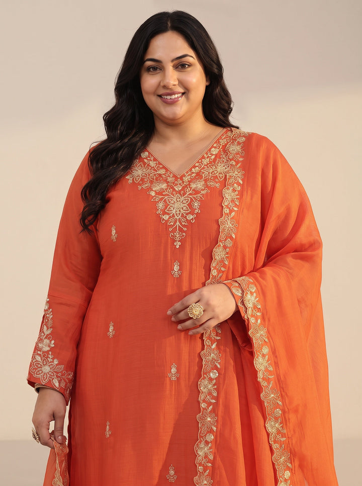 Plus Size Orange Floral Embroidered Chanderi Cotton Sharara Suit Set
