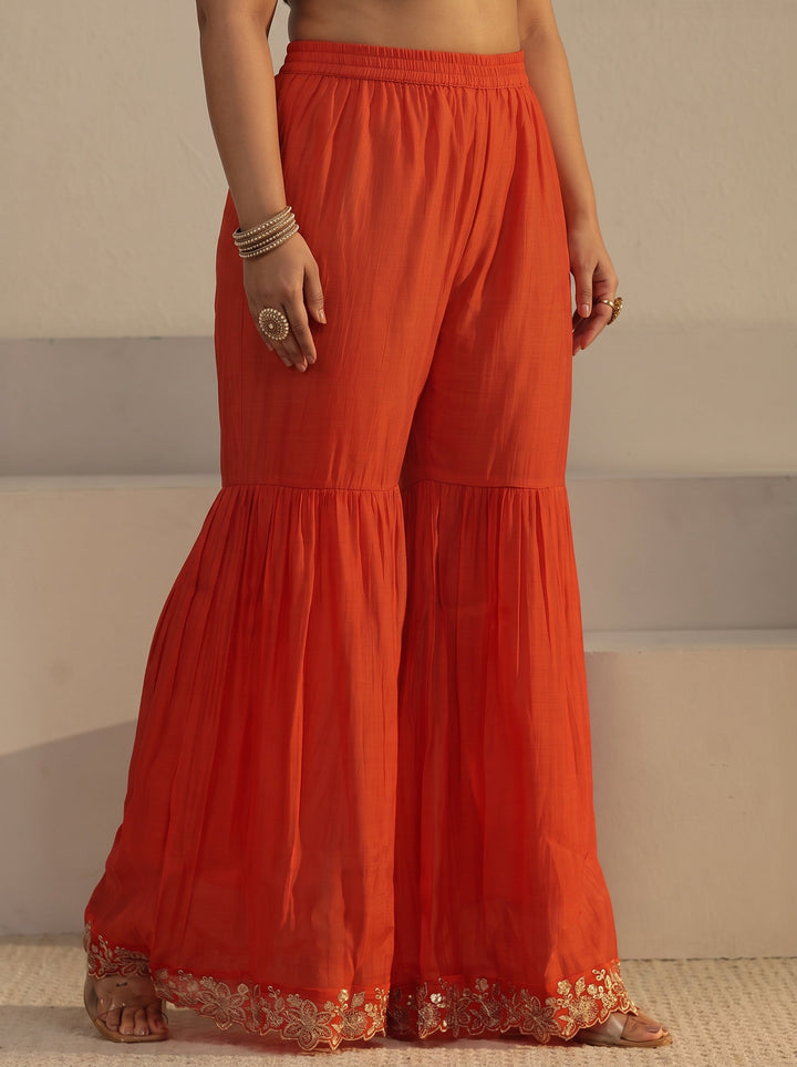 Plus Size Orange Floral Embroidered Chanderi Cotton Sharara Suit Set