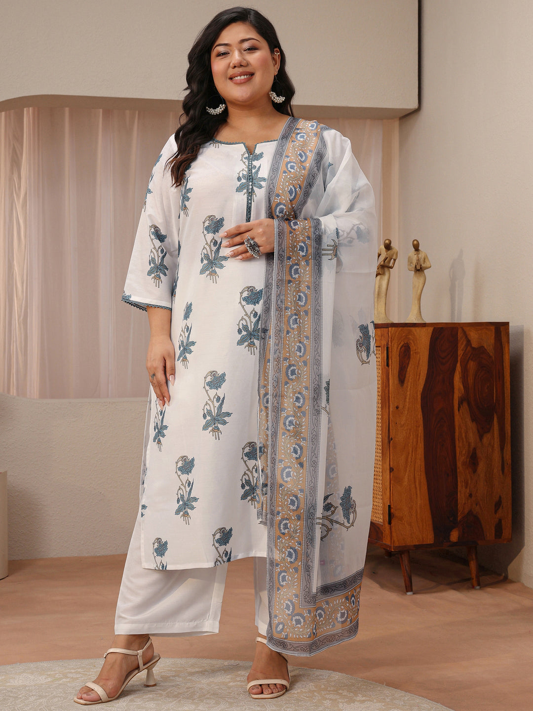 Plus Size White Floral Printed Cotton Blend Straight Suit Set