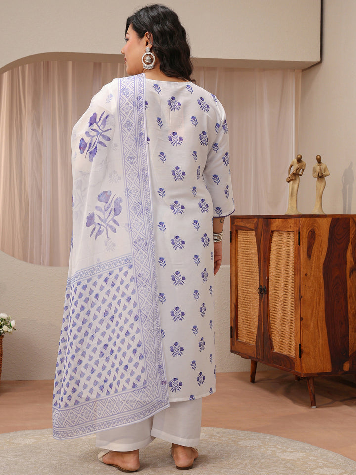 Plus Size White Floral Printed Cotton Blend Straight Suit Set