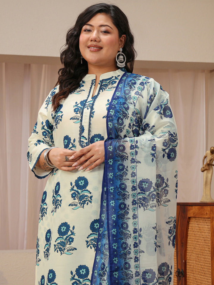 Plus Size Off White Floral Printed Cotton Blend Straight Suit Set
