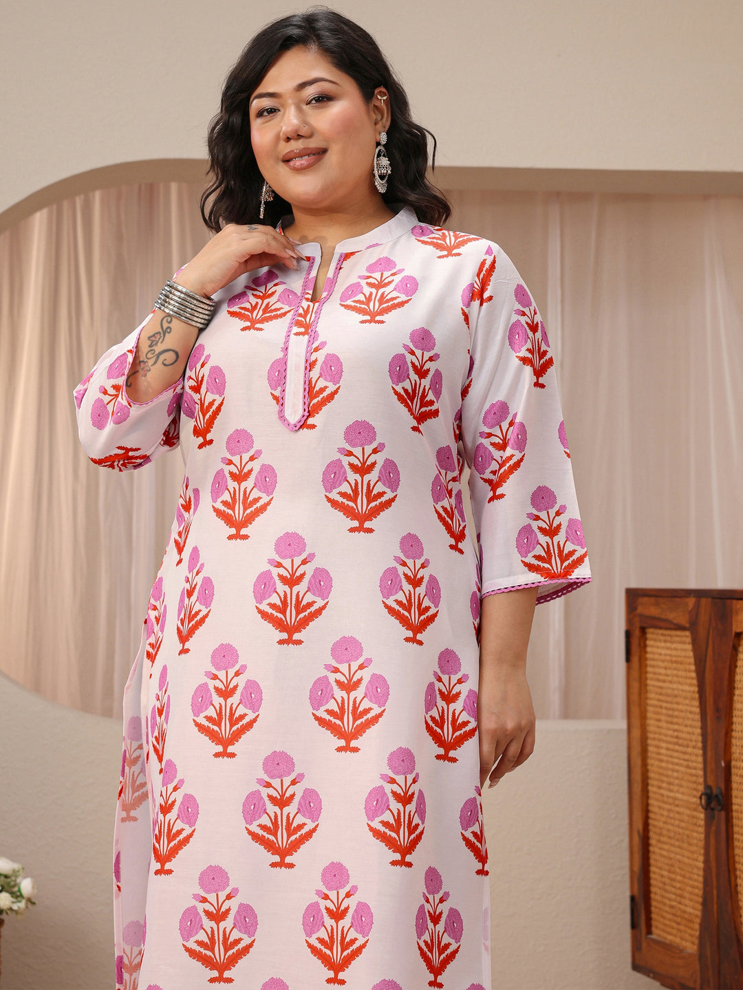 Plus Size White Floral Printed Cotton Blend Straight Suit Set