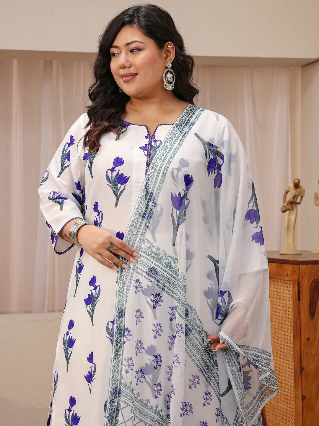 Plus Size White Floral Printed Cotton Blend Straight Suit Set