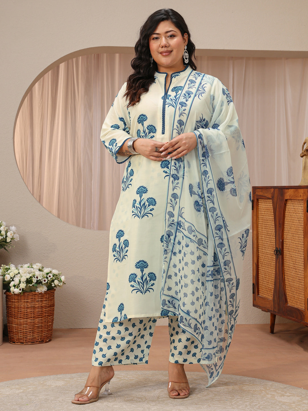 Plus Size Ivory Floral Printed Cotton Blend Straight Suit Set