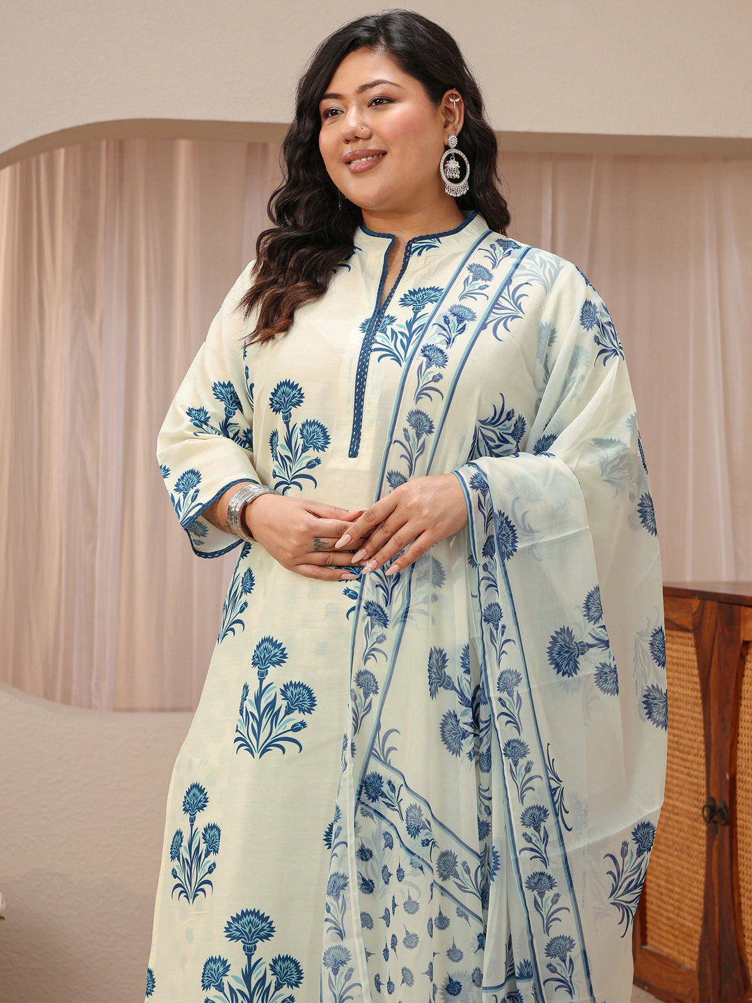 Plus Size Ivory Floral Printed Cotton Blend Straight Suit Set