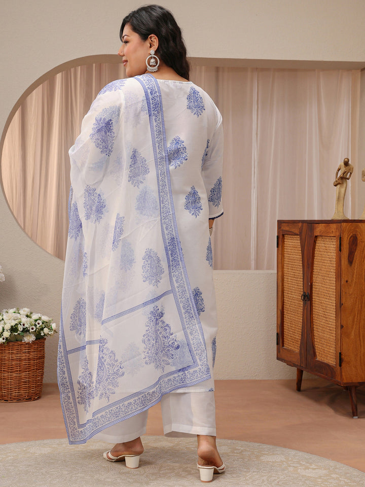 Plus Size White Floral Printed Cotton Blend Straight Suit Set