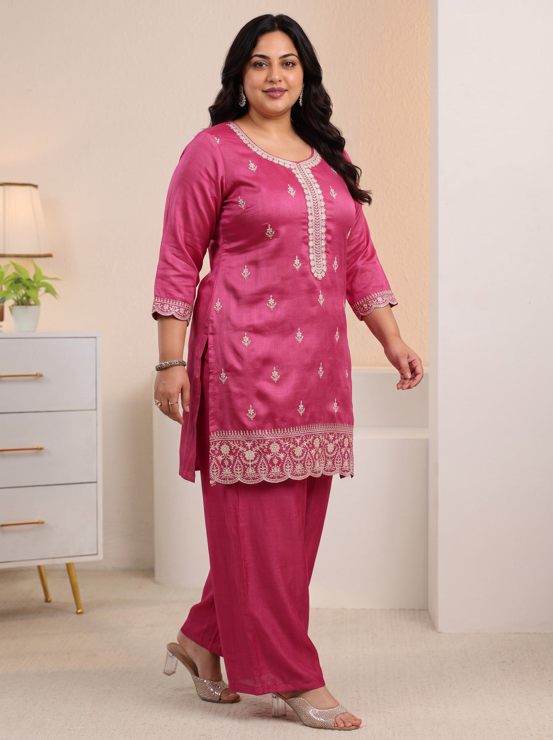 Plus Size Rani Pink Floral Embroidered Silk Blend Palazzo Suit Set