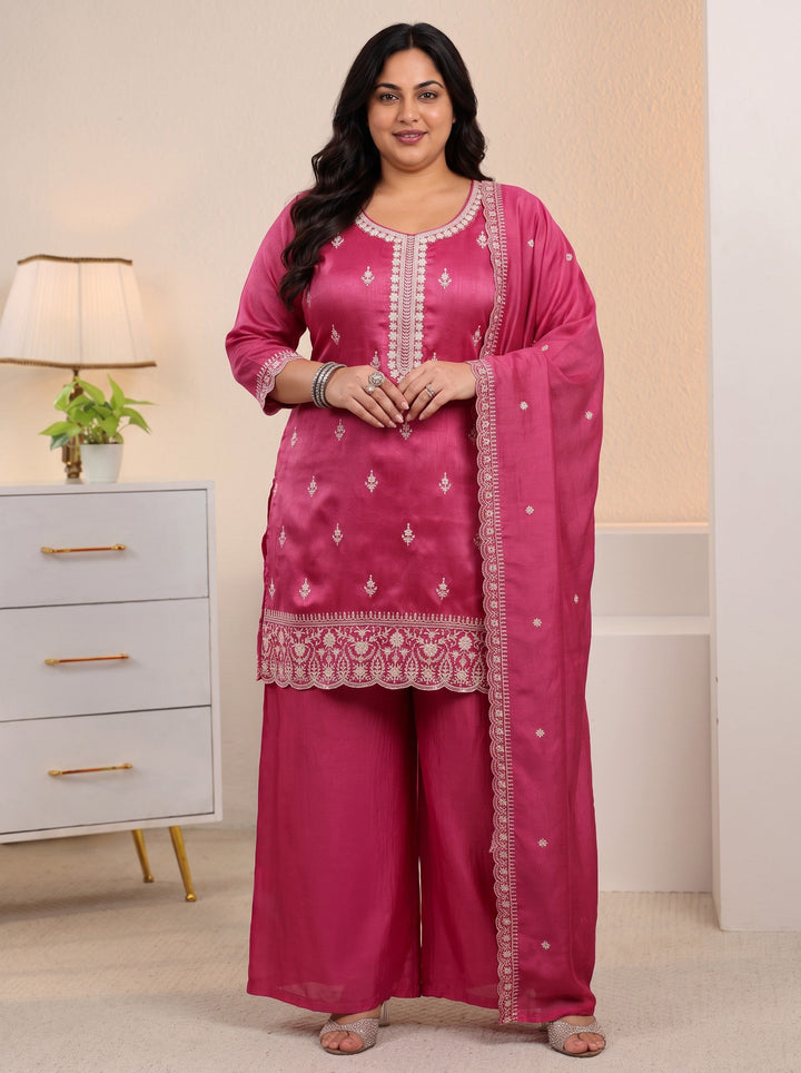 Plus Size Rani Pink Floral Embroidered Silk Blend Palazzo Suit Set