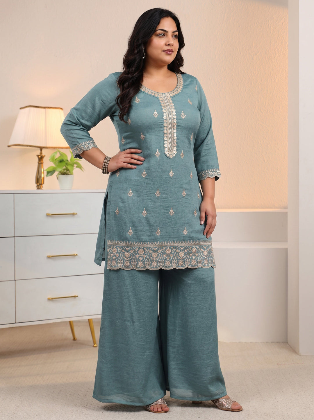 Plus Size Dusty Blue Floral Embroidered Silk Blend Palazzo Suit Set