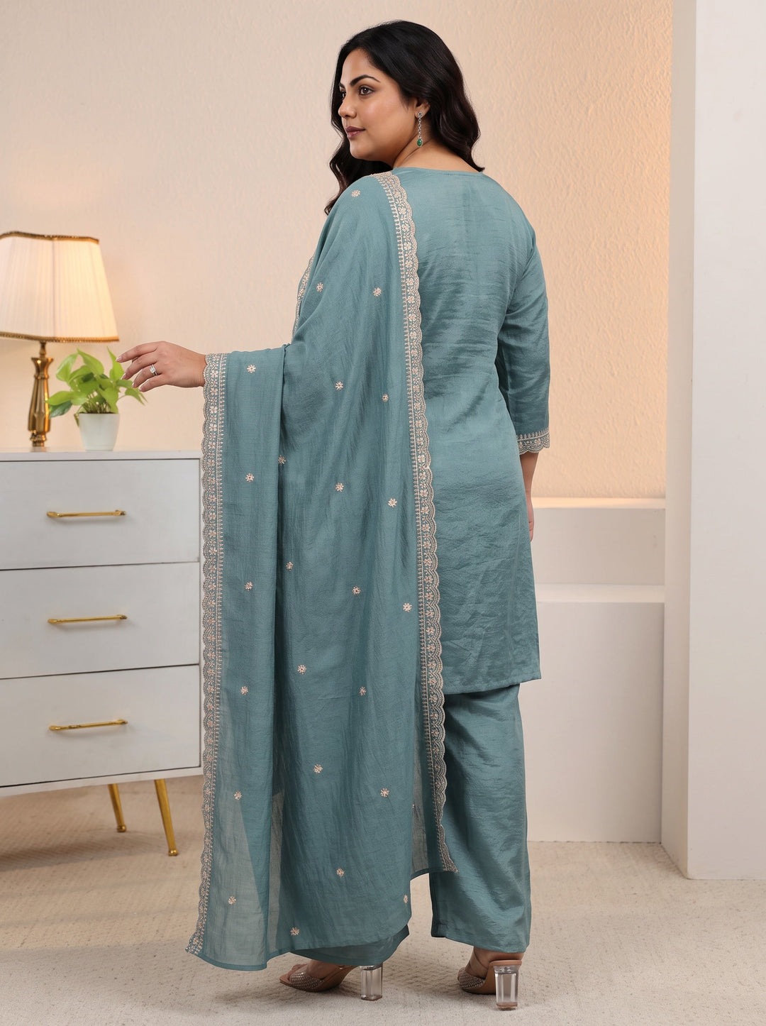 Plus Size Dusty Blue Floral Embroidered Silk Blend Palazzo Suit Set