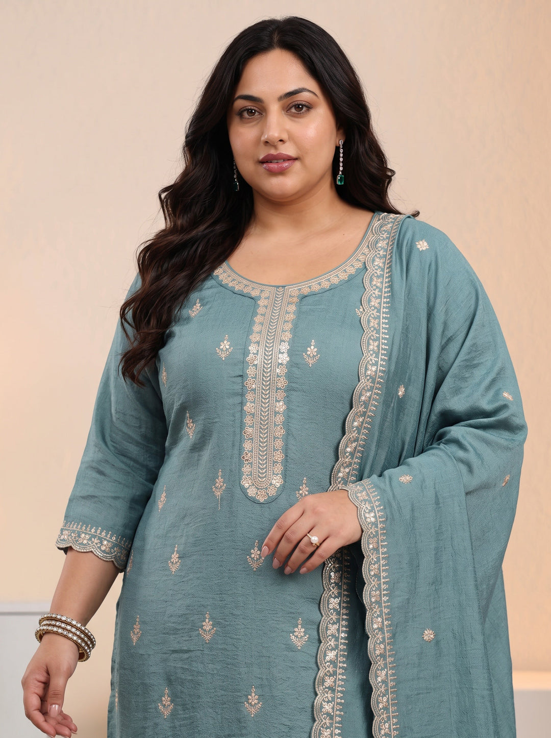 Plus Size Dusty Blue Floral Embroidered Silk Blend Palazzo Suit Set