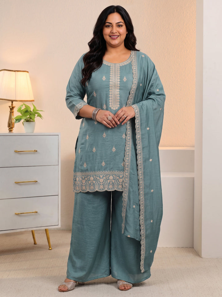 Plus Size Dusty Blue Floral Embroidered Silk Blend Palazzo Suit Set
