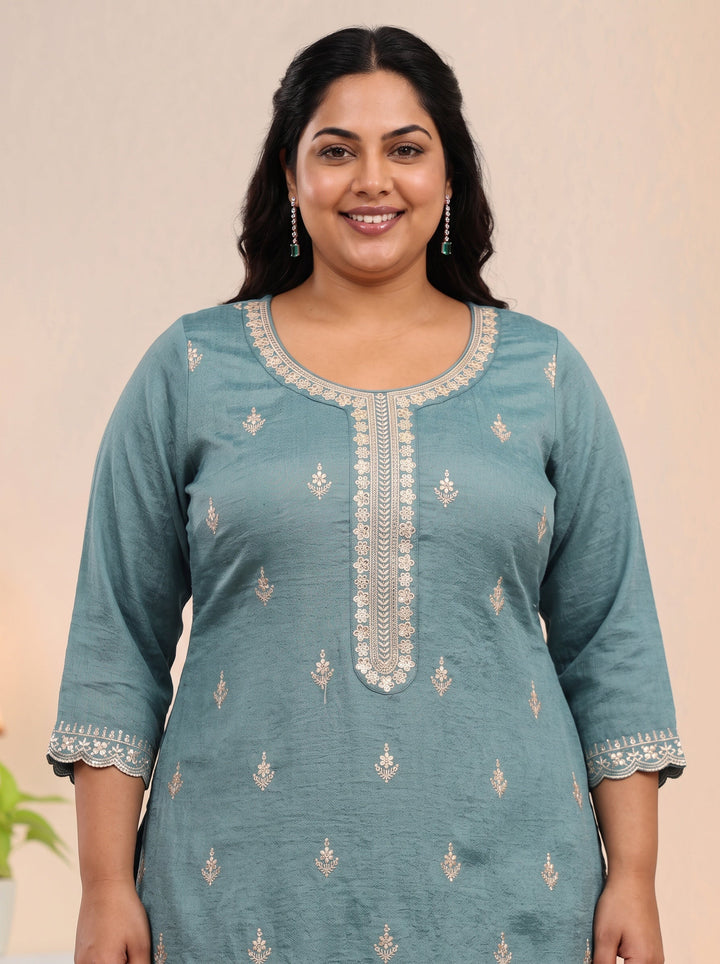 Plus Size Dusty Blue Floral Embroidered Silk Blend Palazzo Suit Set