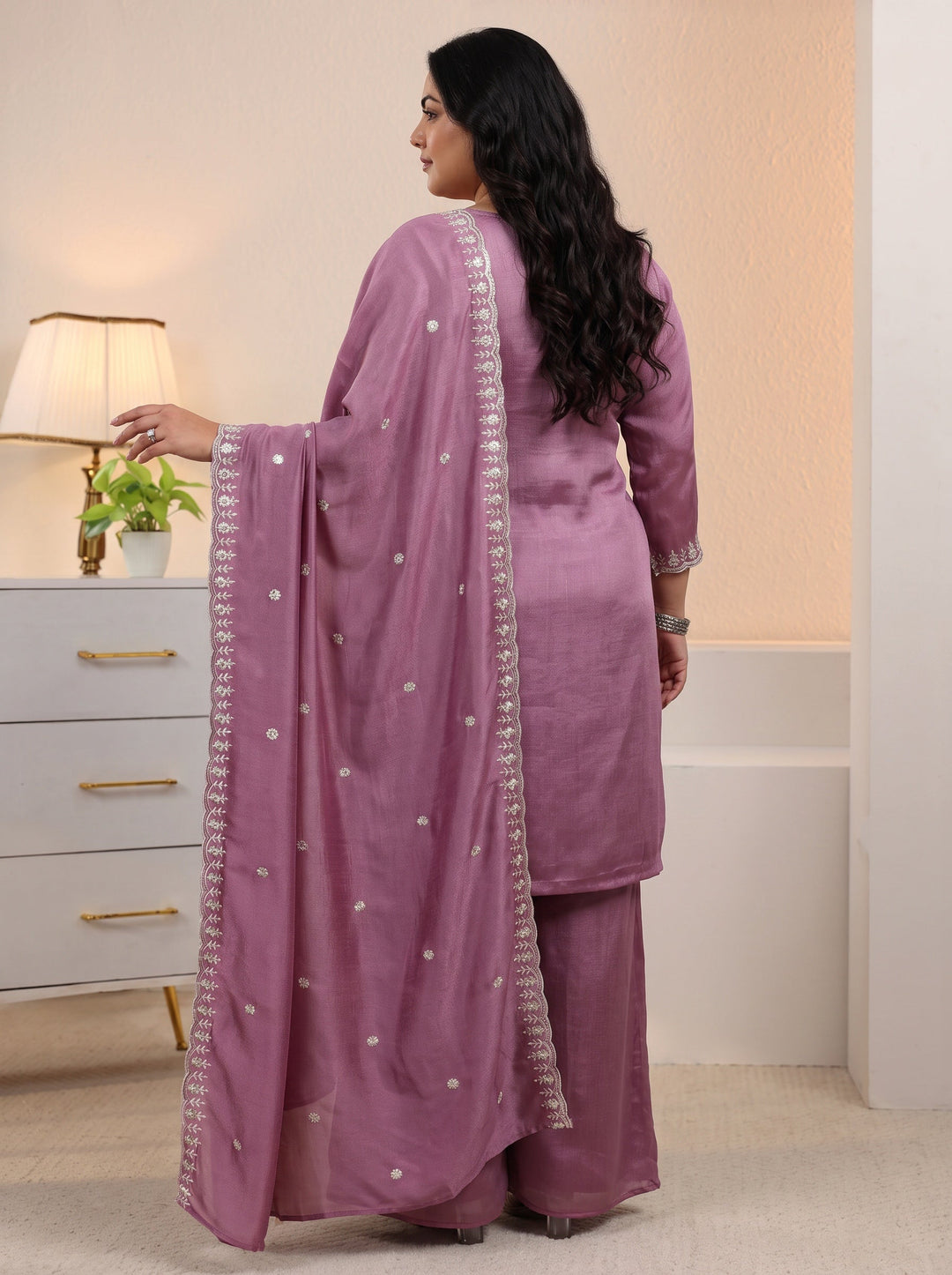 Plus Size Mauve Floral Embroidered Silk Blend Palazzo Suit Set