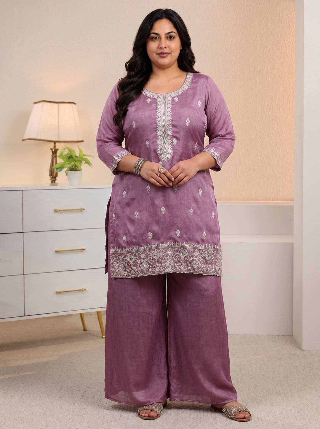 Plus Size Mauve Floral Embroidered Silk Blend Palazzo Suit Set