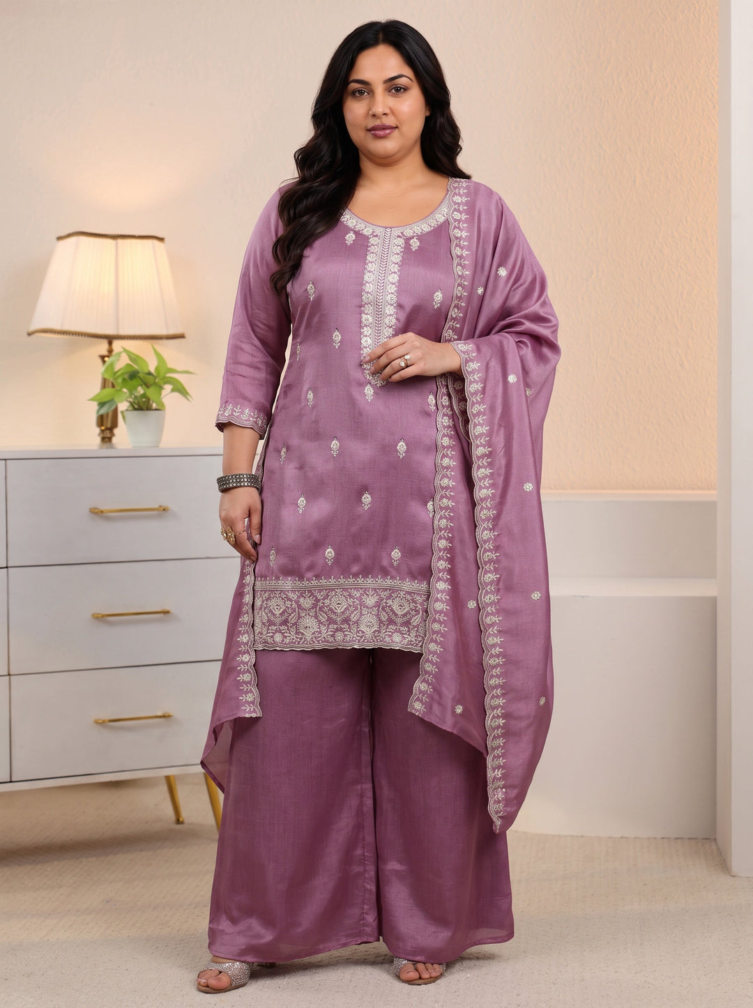 Plus Size Mauve Floral Embroidered Silk Blend Palazzo Suit Set
