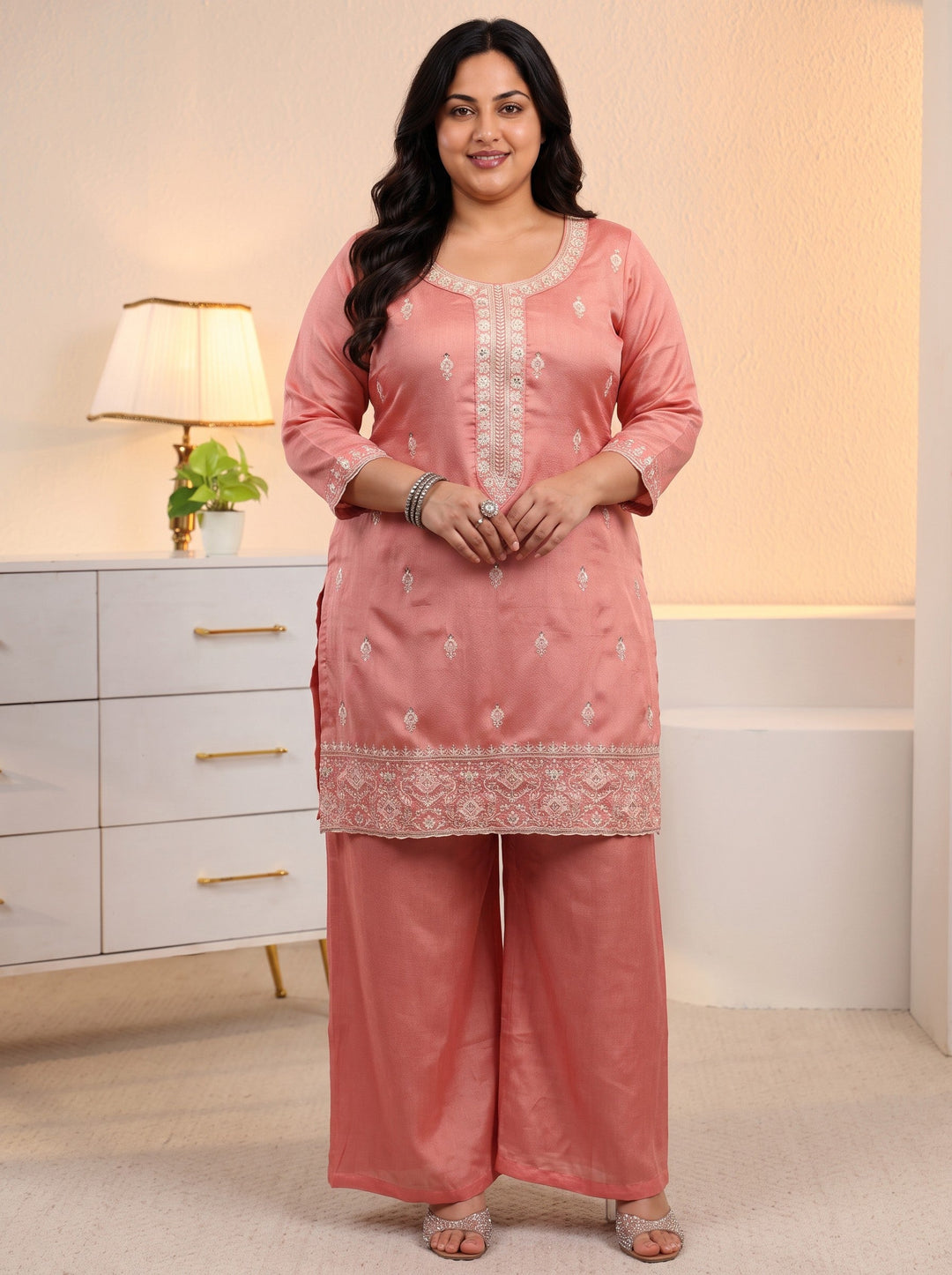 Plus Size Peach Pink Floral Embroidered Silk Blend Palazzo Suit Set