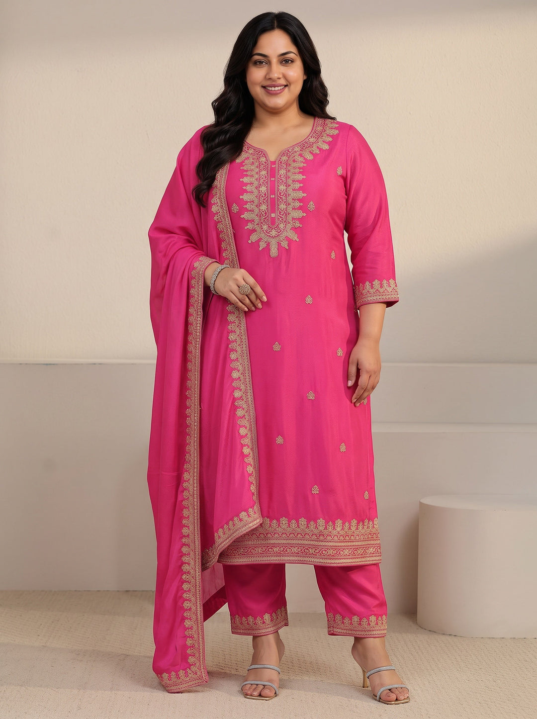 Plus Size Fuchsia Pink Yoke Embroidered Chinon Straight Suit Set