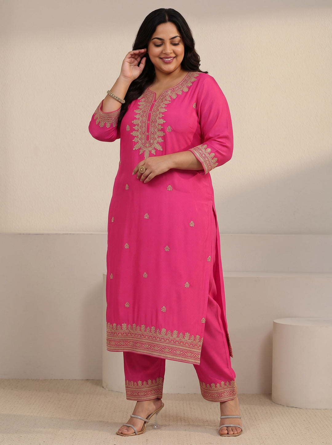 Plus Size Fuchsia Pink Yoke Embroidered Chinon Straight Suit Set