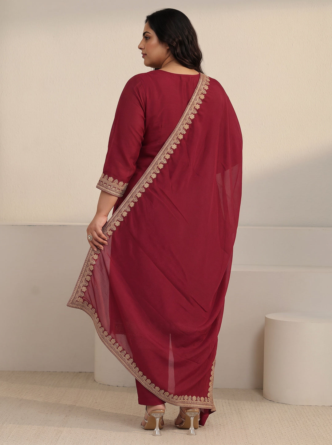Plus Size Maroon Yoke Embroidered Chinon Straight Suit Set