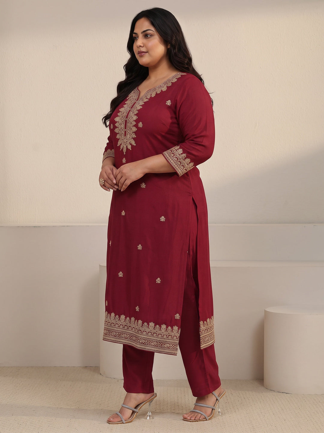 Plus Size Maroon Yoke Embroidered Chinon Straight Suit Set