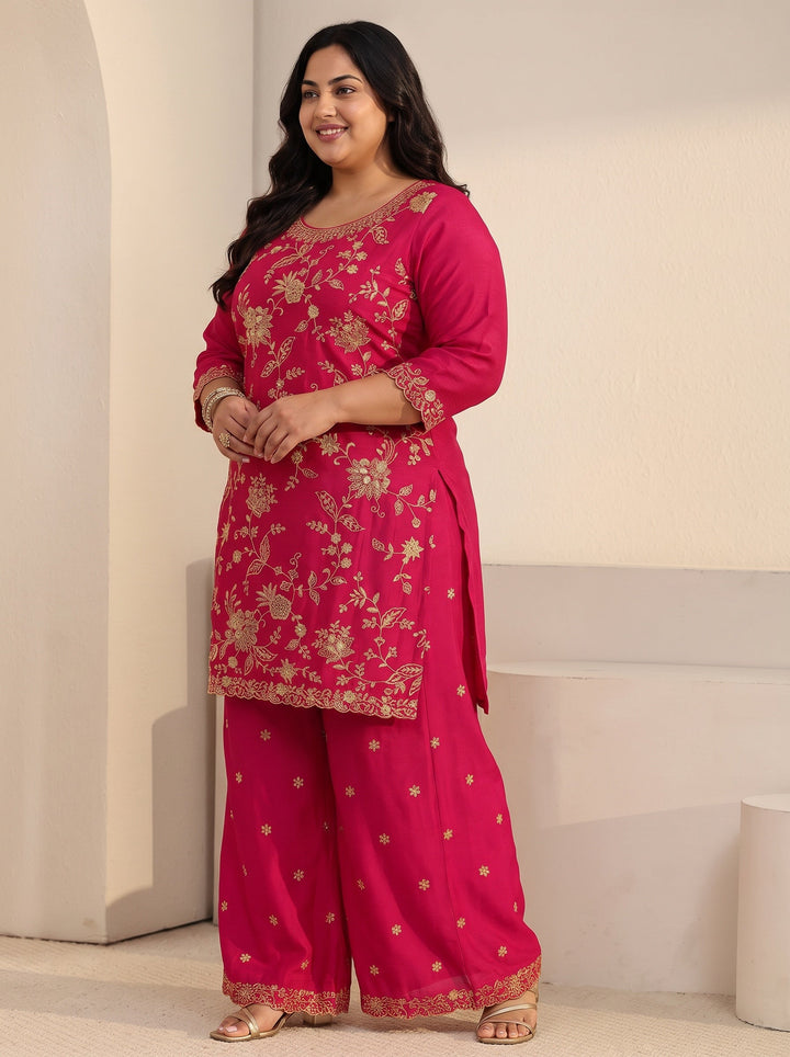 Plus Size Rani Pink Floral Embroidered Chinon Palazzo Suit Set