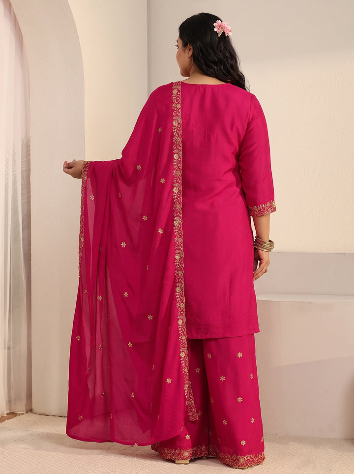 Plus Size Rani Pink Floral Embroidered Chinon Palazzo Suit Set