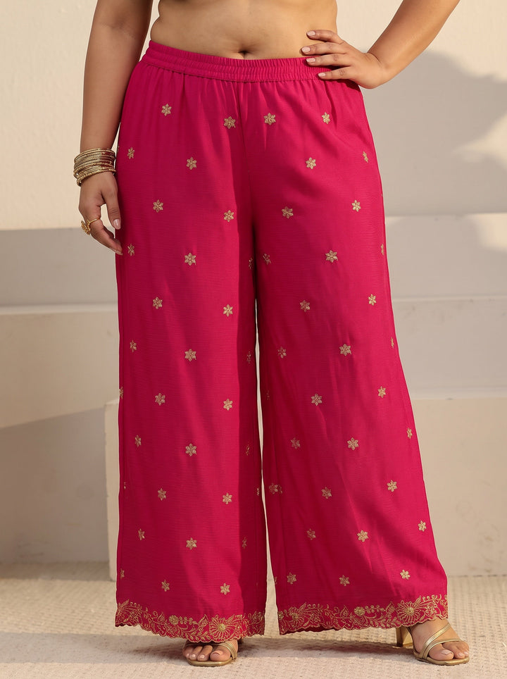Plus Size Rani Pink Floral Embroidered Chinon Palazzo Suit Set
